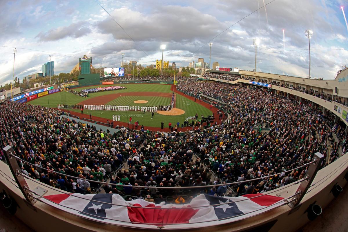 The Athletics are introduced before their opening day game against the Chicago Cubs at Sutter Health Park in West Sacramento, Calif., on Monday, March 31, 2025. (Jane Tyska/Bay Area News Group)