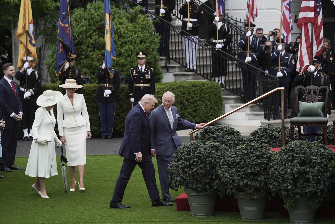 From right: King Charles III, President Donald Trump, first lady Melania Trump and Queen Camilla during an arrival ceremony at the White House in Washington, on Tuesday, April 28, 2026. (Salwan Georges/The New York Times)