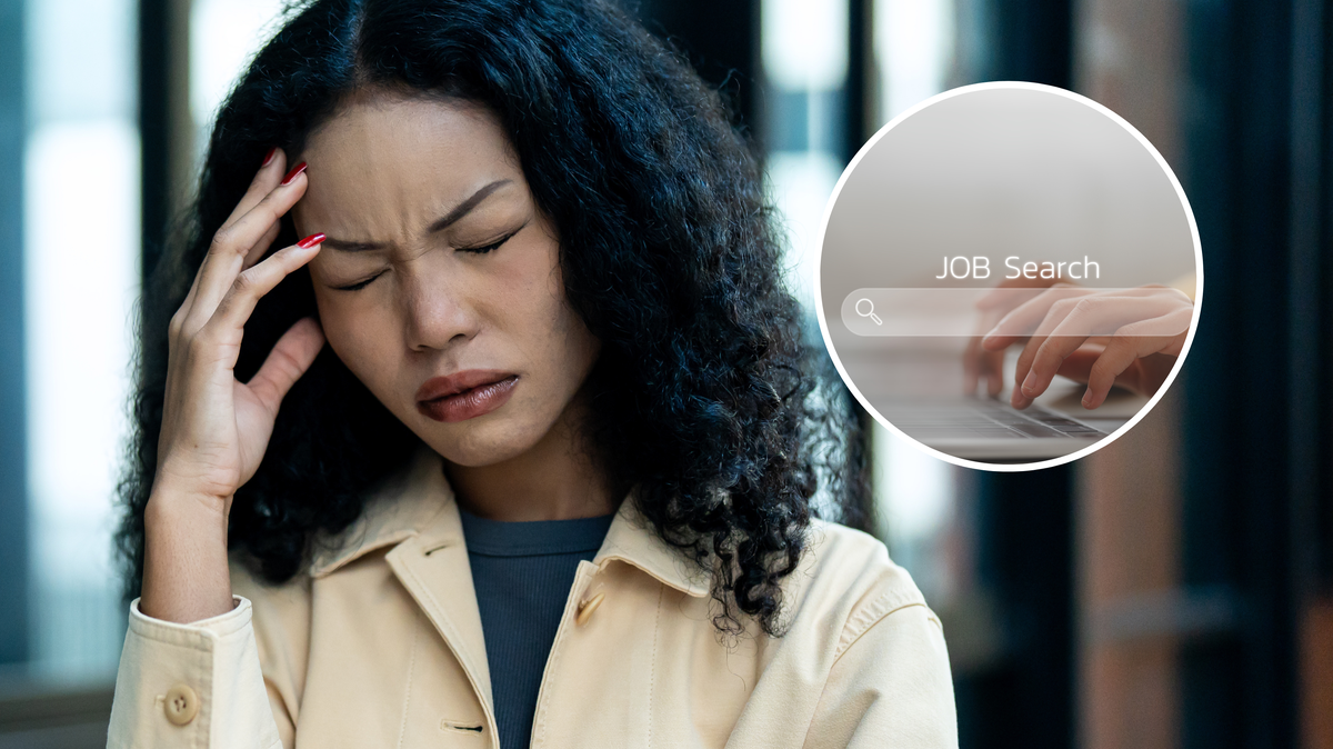 A woman presses her hand to her forehead in a show of stress (L); and a search bar icon under the words 'job search'. 