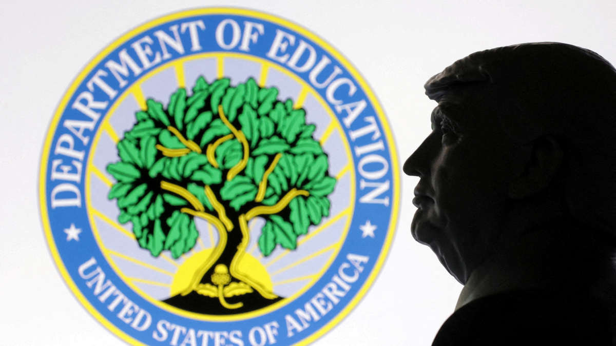 FILE PHOTO: A 3D-printed miniature model of U.S. President Donald Trump with the U.S. Department of Education logo in the background is seen in this illustration taken April 23, 2025. REUTERS/Dado Ruvic/Illustration/File Photo