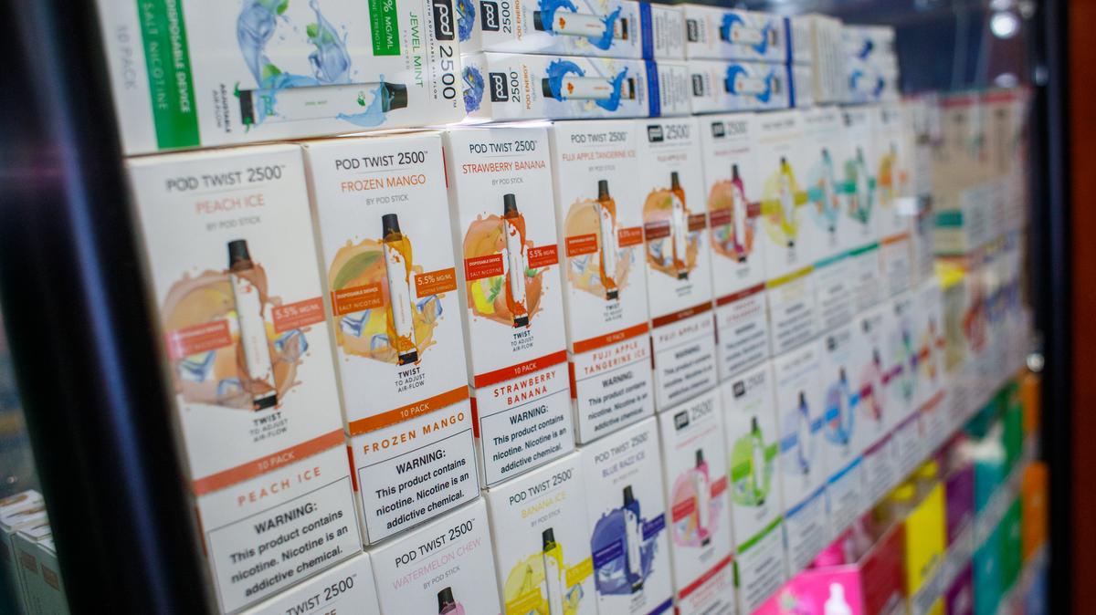 Flavored vape cartridges sold at the Berryessa Smoke Shop are photographed in San Jose, Calif., on Friday July 23, 2021.