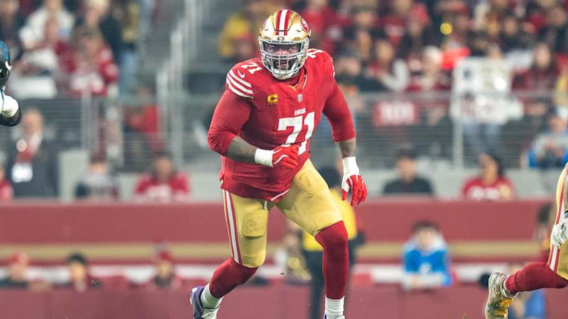  November 24, 2025; Santa Clara, California, USA; San Francisco 49ers offensive tackle Trent Williams (71) during the first quarter against the Carolina Panthers at Levi's Stadium. Mandatory Credit: Kyle Terada-Imagn Images | Kyle Terada-Imagn Images 