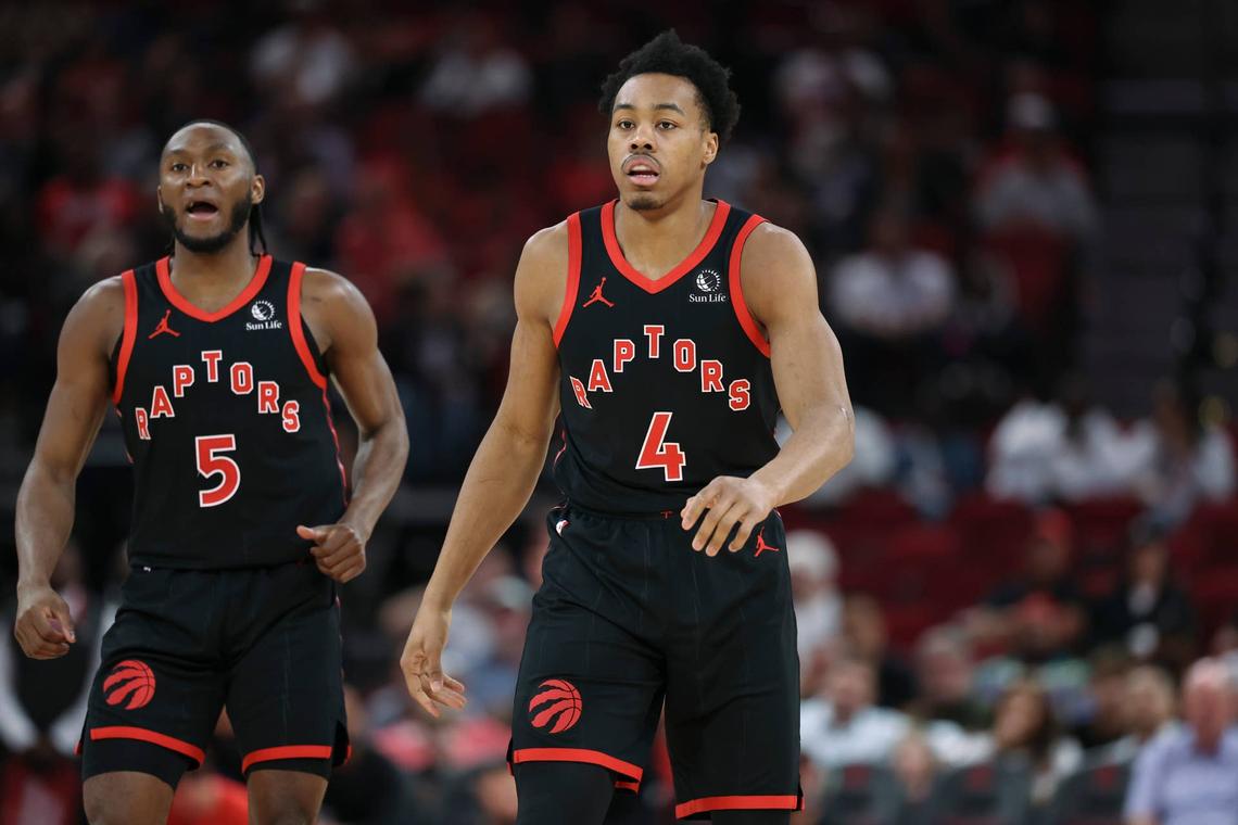  Toronto Raptors forward Scottie Barnes (4) and guard Immanuel Quickley (5). Troy Taormina-Imagn Images