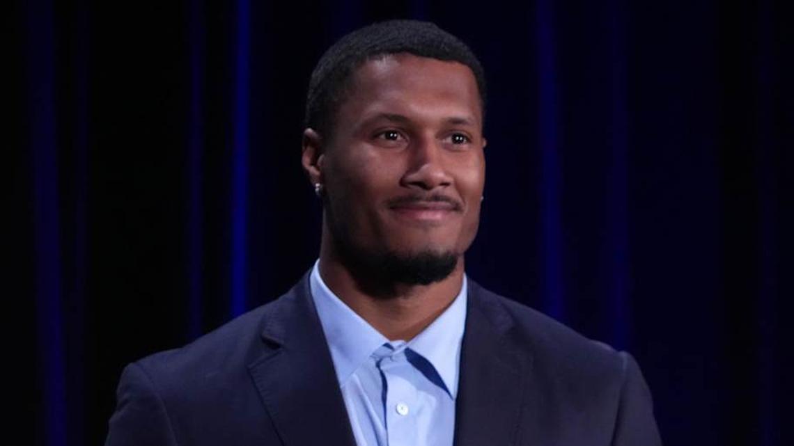  Feb 9, 2026; San Francisco, CA, USA;Los Angeles Rams safety Quentin Lake at the Super Bowl LX host committee handoff press conference at Moscone Center. Mandatory Credit: Kirby Lee-Imagn Images | Kirby Lee-Imagn Images 