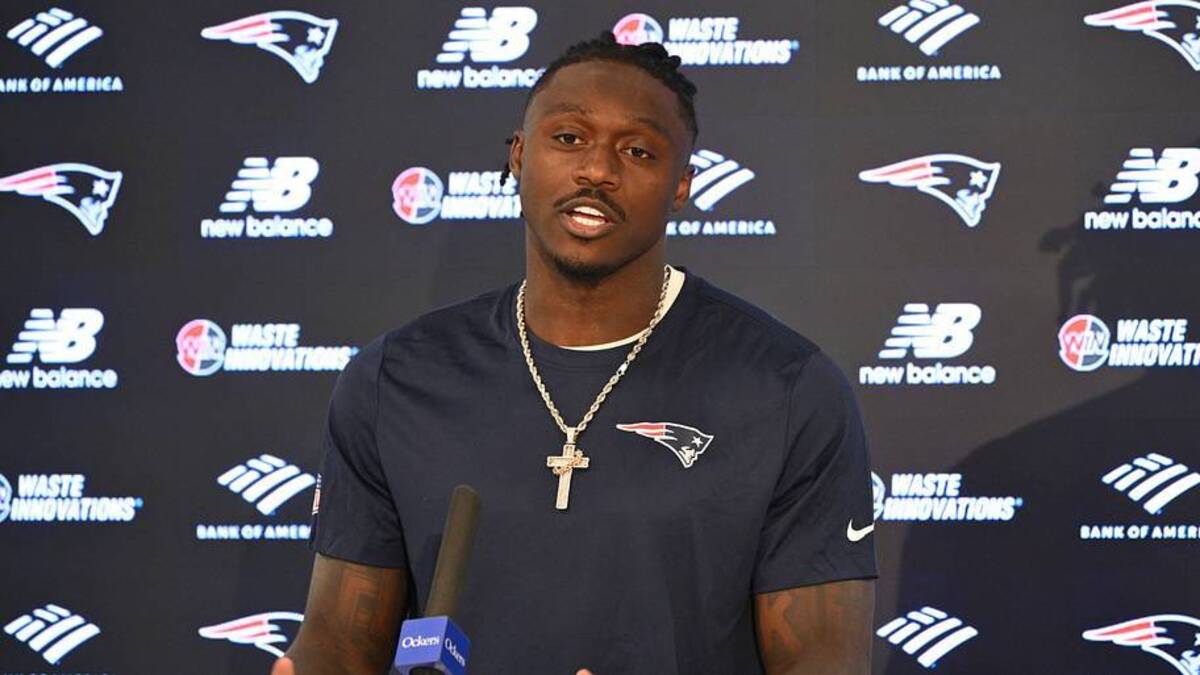  Jun 2, 2026; Foxborough, MA, USA; New England Patriots wide receiver A.J. Brown (1) speaks at a press conference after practice at the team's OTA at Gillette Stadium. Mandatory Credit: Eric Canha-Imagn Images | IMAGN IMAGES via Reuters Connect 