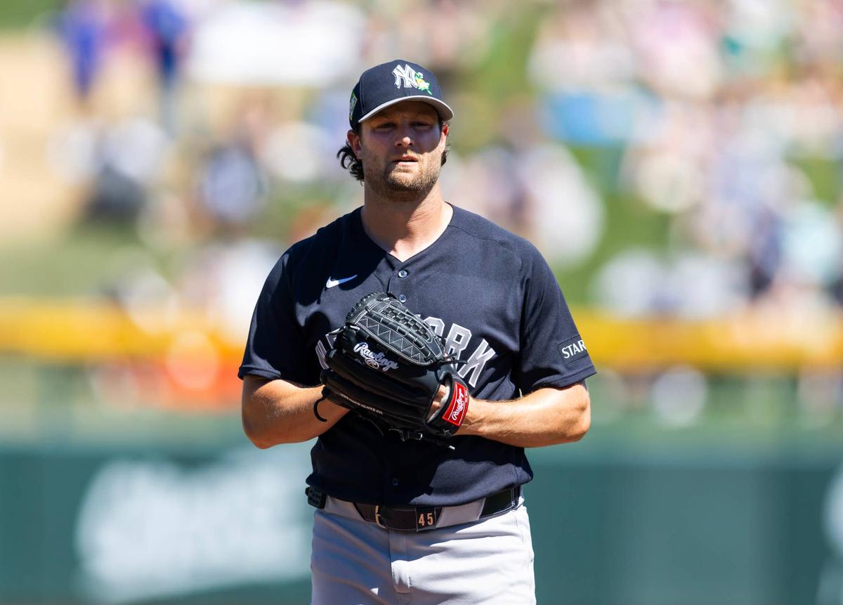  New York Yankees pitcher Gerrit Cole against the Chicago Cubs during spring training at Sloan Park. Mark J. Rebilas-Imagn Images