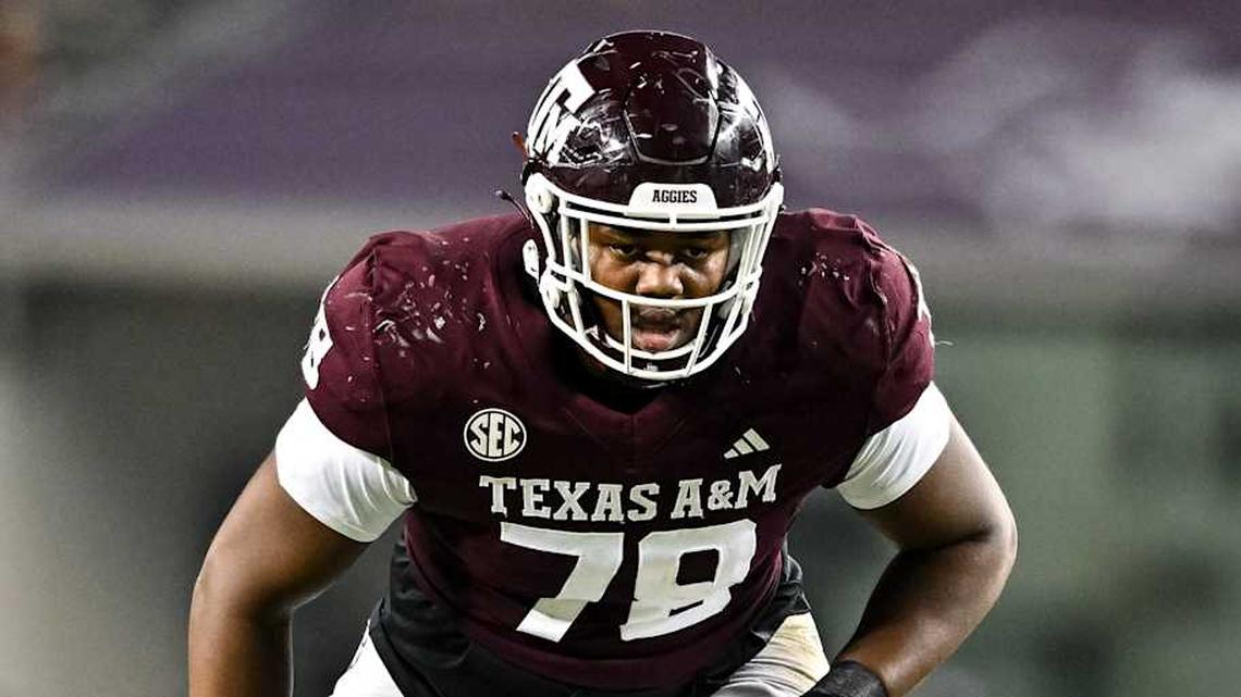  Nov 11, 2023; College Station, Texas, USA; Texas A&M Aggies offensive lineman Dametrious Crownover (78) in action during the second half against the Mississippi State Bulldogs at Kyle Field. Mandatory Credit: Maria Lysaker-Imagn Images | Maria Lysaker-Imagn Images 
