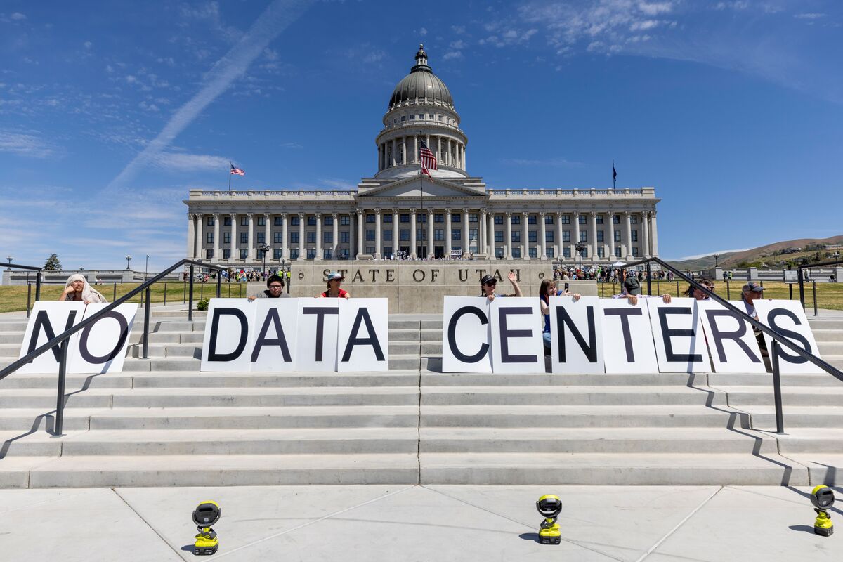   Demonstrators protest outside the Utah State Capitol against the construction of the Stratos data center in Box Elder County on May 23 in Salt Lake City.  