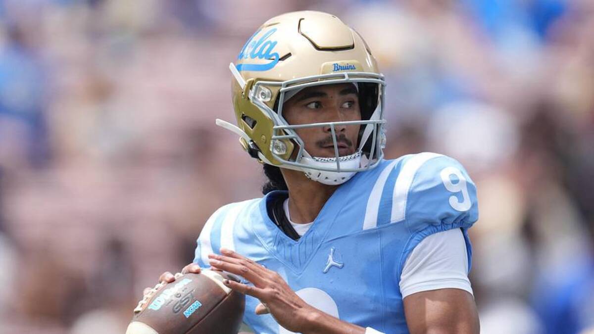  May 2, 2026; Pasadena, CA, USA; UCLA Bruins quarterback Nico Iamaleava (9) throws the ball during the spring game at Rose Bowl. Mandatory Credit: Kirby Lee-Imagn Images | Kirby Lee-Imagn Images 