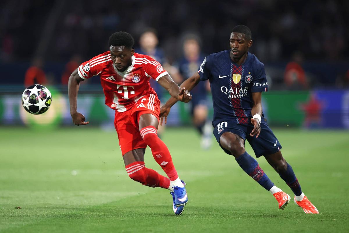  Alphonso Davies of Bayern Muenchen is challenged by Ousmane Dembele of Paris Saint-Germain during the UEFA Champions League 2025/26 Semi Final First Leg match between Paris Saint-Germain and FC Bayern München at Parc des Princes on April 28, 2026 in Paris, France. (Photo by Alex Grimm/Getty Images) Photo by Alex Grimm/Getty Images