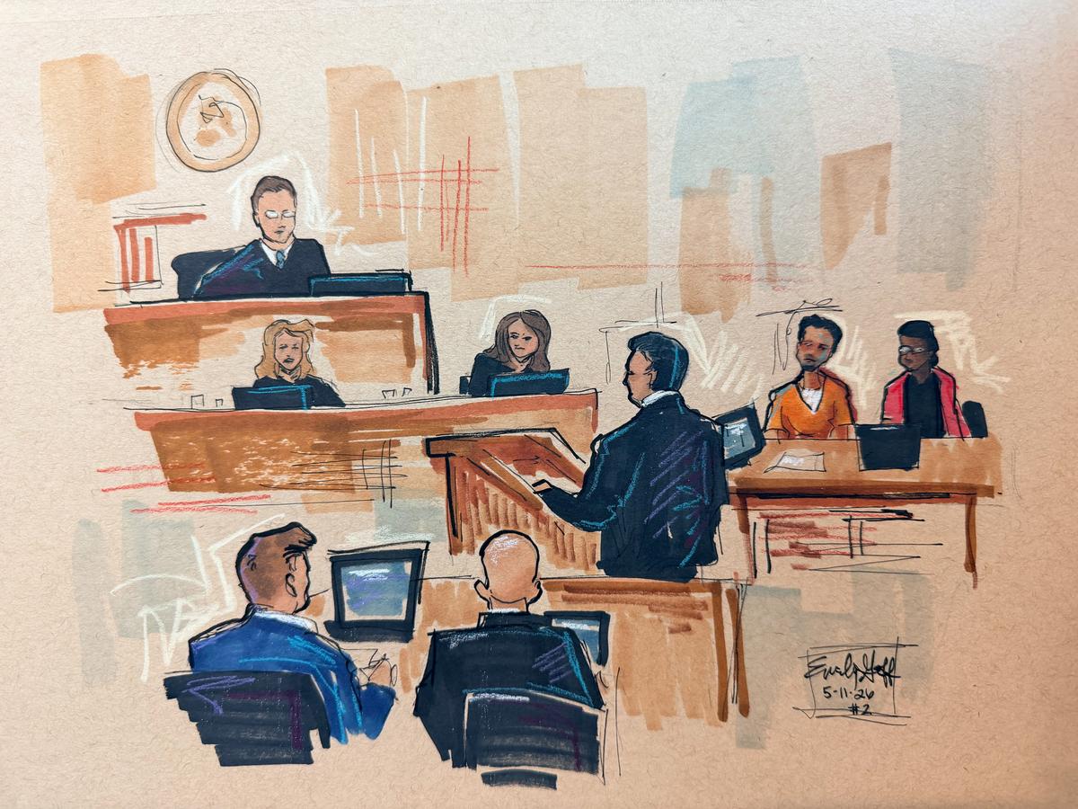 U.S. District Judge Trevor McFadden listens to Defense Attorney Eugene Ohm make arguments for Cole Allen, a suspect in the White House Correspondents' Association (WHCA) dinner shooting, as he sits near defense lawyer Tezira Abe and government lawyers Charles Jones and Adam Barry in the courtroom during a plea hearing after Allen was charged with attempting to assassinate U.S. President Donald Trump, in Washington D.C., U.S., May 11, 2026, in this courtroom sketch.    REUTERS/Emily Goff