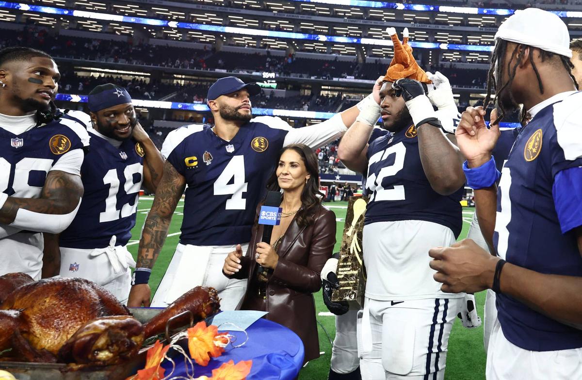  Dallas Cowboys quarterback Dak Prescott (4) and guard Tyler Booker (52) on Thanksgiving against the Kansas City Chiefs. https://x.com/AdamSchefter/status/2053946685886197979