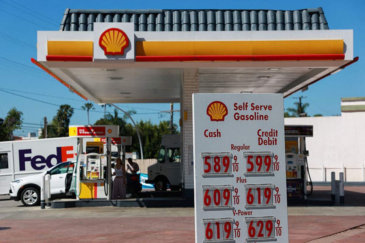 Premium gasoline prices above $6 per gallon and diesel fuel prices above $7 a gallon are displayed outside of a Shell gas station in West Hollywood, California, on April 14.