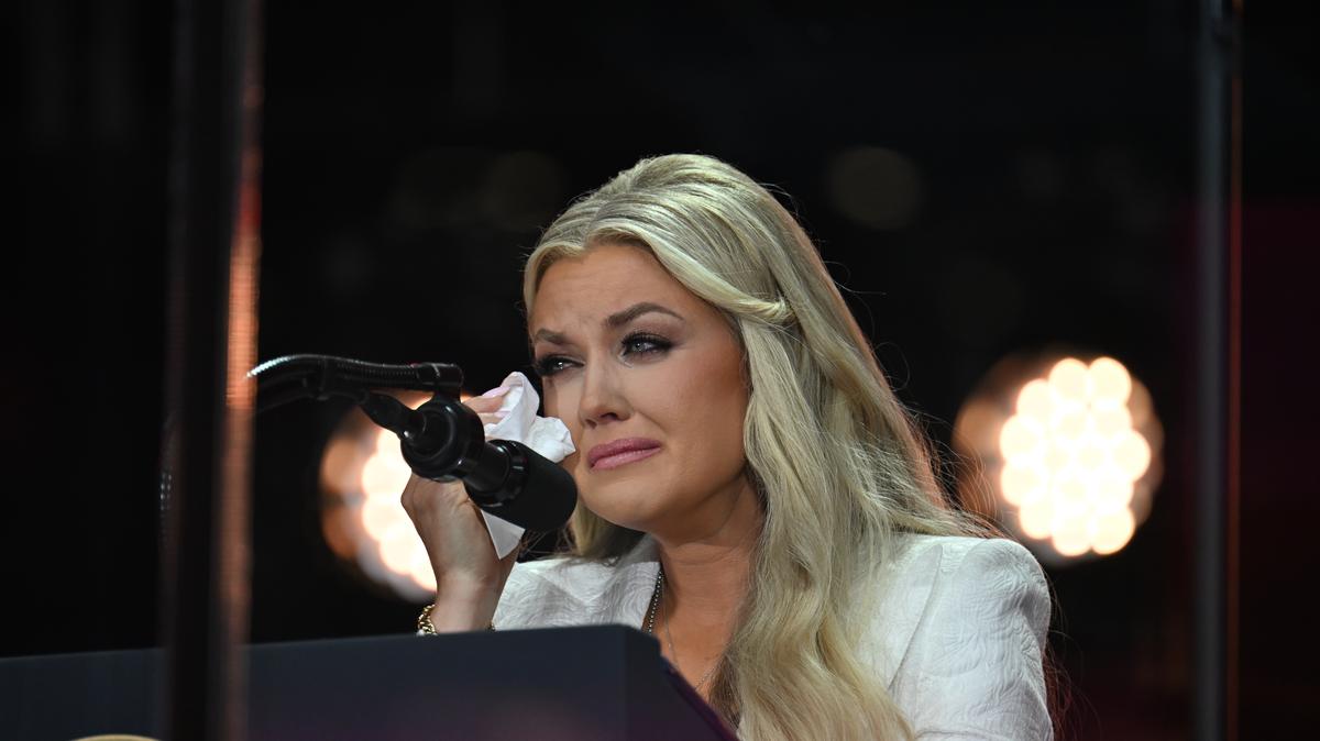 Erika Kirk, widow of Charlie Kirk and the new CEO of Turning Point USA, speaks during the memorial for her late husband at State Farm Stadium in Glendale, Ariz., on Sunday, Sept. 21, 2025.
