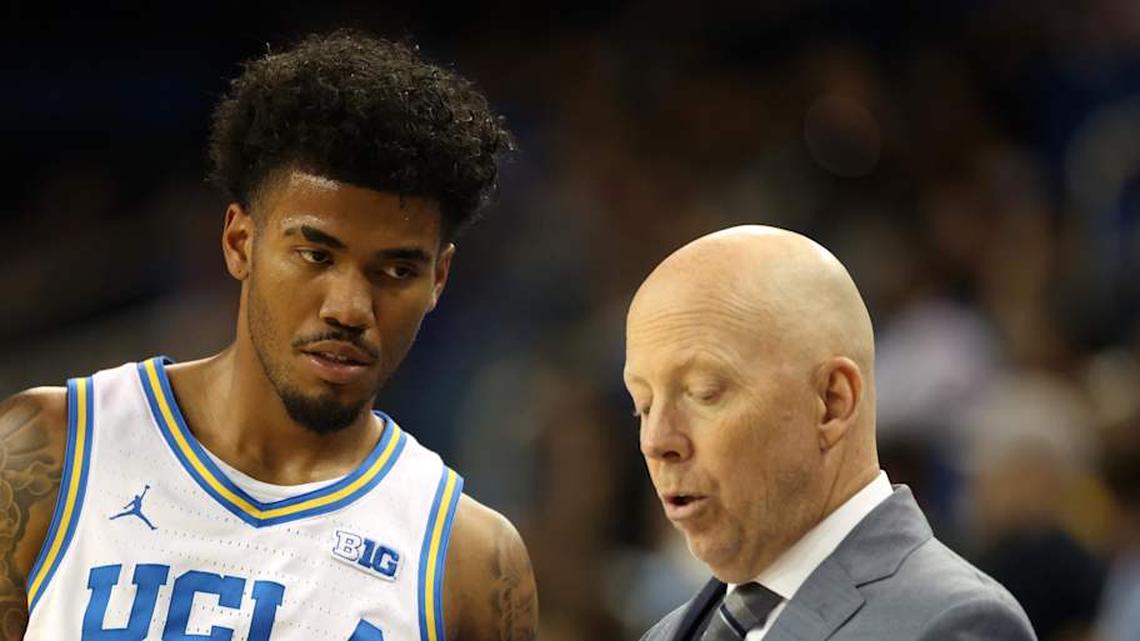  Nov 3, 2025; Los Angeles, California, USA; UCLA Bruins head coach Mick Cronin talks to guard Donovan Dent (2) during the second half against the Eastern Washington Eagles at Pauley Pavilion presented by Wescom Financial. Mandatory Credit: Kiyoshi Mio-Imagn Images | Kiyoshi Mio-Imagn Images 