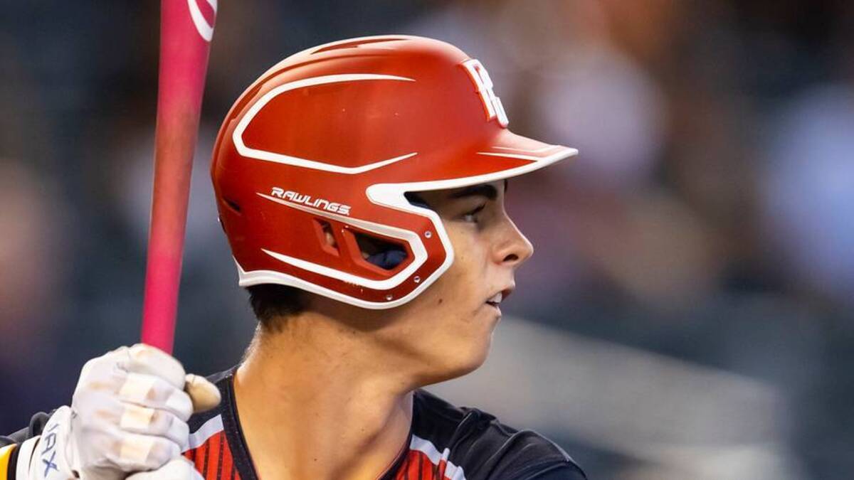  Aug 28, 2022; Phoenix, Arizona, US; West outfielder Will Gasparino (23) during the Perfect Game All-American Classic high school baseball game at Chase Field. Mandatory Credit: Mark J. Rebilas-USA TODAY Sports | USA TODAY Sports 