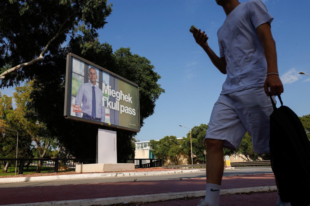 A billboard showing Malta's Prime Minister and Labour Party leader Robert Abela is seen ahead of general elections, in Hamrun, Malta, May 29, 2026. REUTERS/Darrin Zammit Lupi