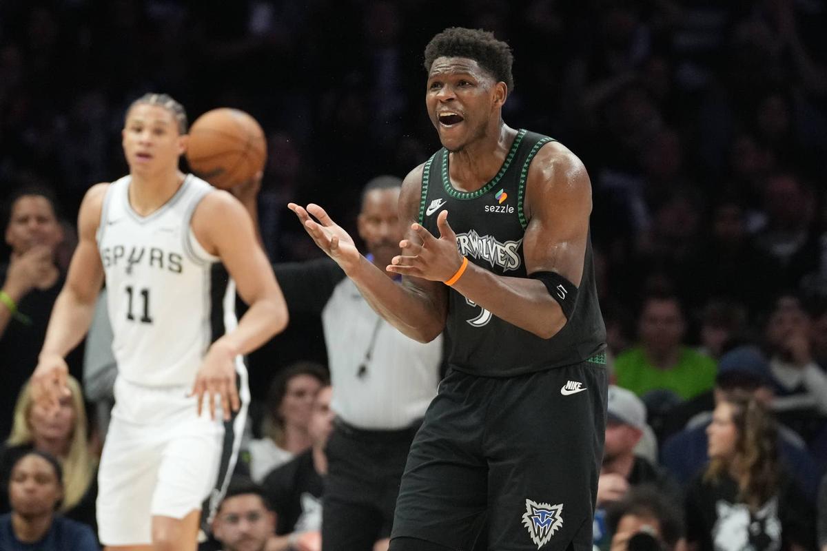  Minnesota Timberwolves guard Anthony Edwards (5) reacts to call on the court against the San Antonio Spurs in the second half during game six of the second round of the 2026 NBA Playoffs. 