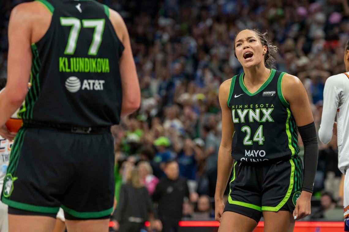  Minnesota Lynx forward Napheesa Collier (24) celebrates after defeating the Phoenix Mercury. Credit: Jesse Johnson-Imagn Images