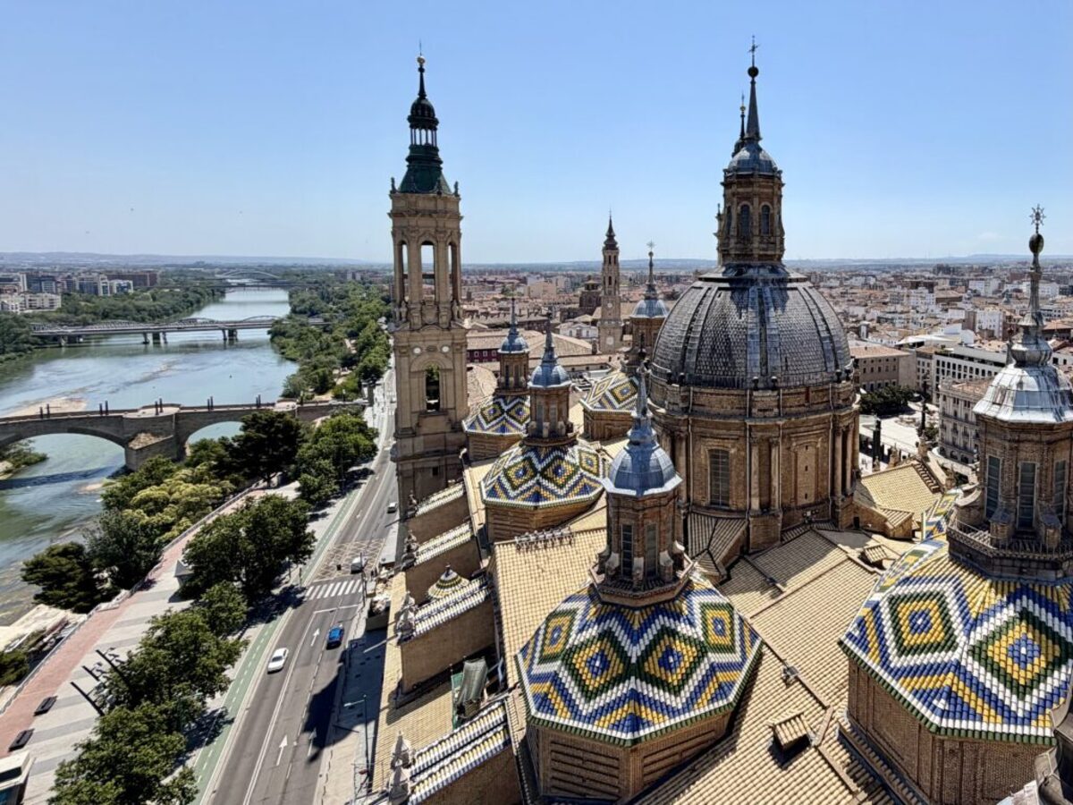  Take an elevator to a viewing platform to see the colorful tile bases of the cathedral spires and the River Ebro. Photo credit: Cathy Bennett Kopf 