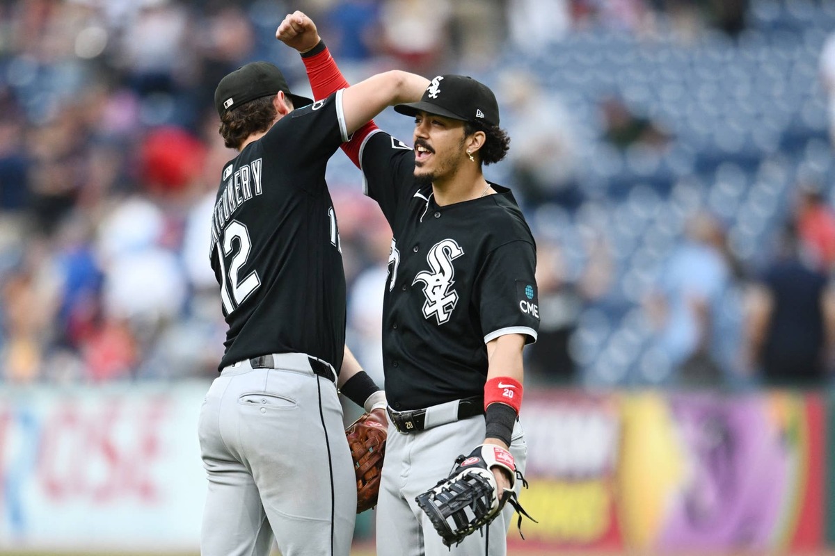  Jul 5, 2026; Cleveland, Ohio, USA; Chicago White Sox shortstop Colson Montgomery (12) celebrates with third baseman Miguel Vargas (20) after the White Sox beat the Cleveland Guardians at Progressive Field. Mandatory Credit: Ken Blaze-Imagn Images