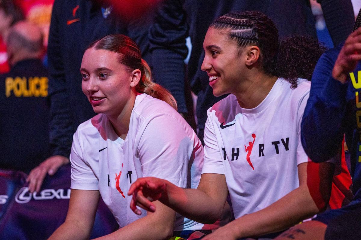  Apr 30, 2026; Indianapolis, IN, USA; Dallas Wings guard Paige Bueckers (5) and guard Azzi Fudd (35) before the game against the Indiana Fever. at the Gainbridge Fieldhouse. Mandatory Credit: Trevor Ruszkowski-Imagn Images 