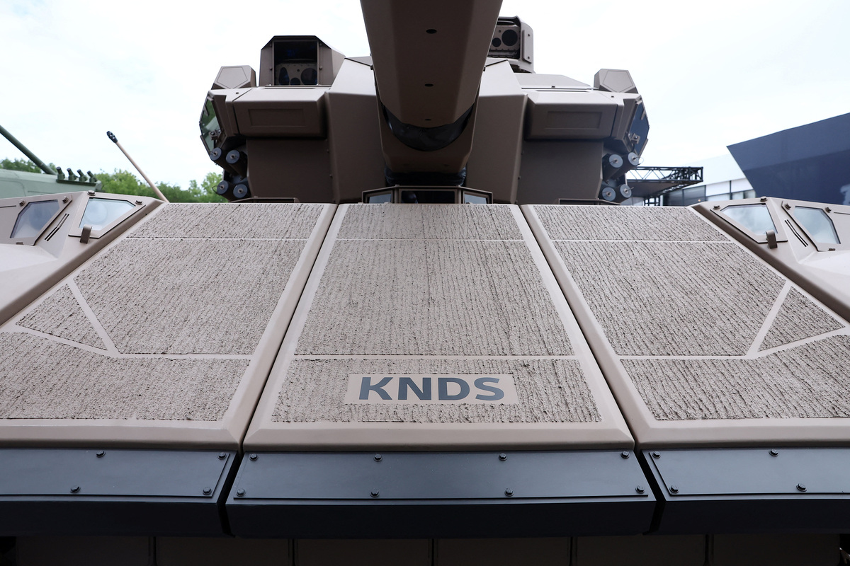 The KNDS logo is seen on a pre-demonstrator of French interim main battle tank, the CAPINT MBT, produced by Franco-German tank maker KNDS is displayed at the Eurosatory international land and air defence and security trade fair in Villepinte near Paris, France, June 15, 2026. REUTERS/Alice Sacco