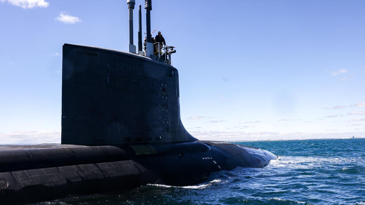 The USS Minnesota Virginia-class fast attack submarine sails in the waters off the West Australian coast on March 16, 2025. (Colin Murty/Pool/Getty Images/TNS)