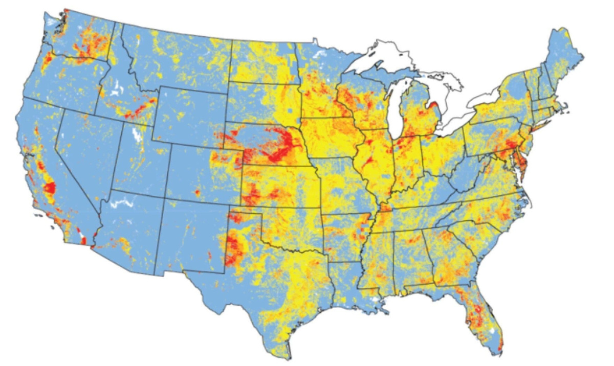 On this map from <a target="_blank" rel="noopener noreferrer nofollow" class="link Link" href="https://www.usgs.gov/media/images/predicted-concentrations-nitrate-us-groundwater">the U.S. Geological Survey</a>, areas in red are those where scientific modeling suggests the shallow groundwater has likely become contaminated with higher nitrate levels than the EPA considers safe to drink.