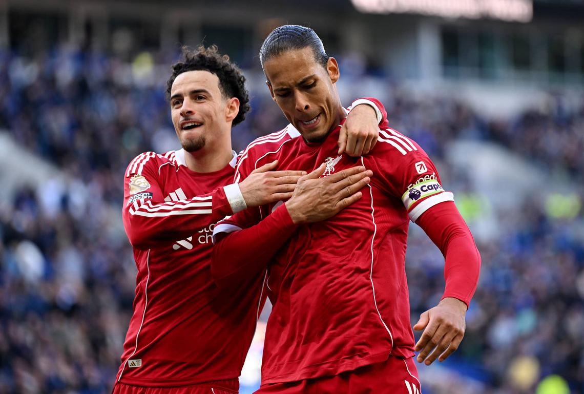  (THE SUN OUT, THE SUN ON SUNDAY OUT) Virgil van Dijk of Liverpool celebrates scoring his team's second goal with teammate Curtis Jones during the Premier League match between Everton and Liverpool at Hill Dickinson Stadium on April 19, 2026 in Liverpool, England. (Photo by Liverpool FC/Liverpool FC via Getty Images) Photo by Liverpool FC/Liverpool FC via Getty Images