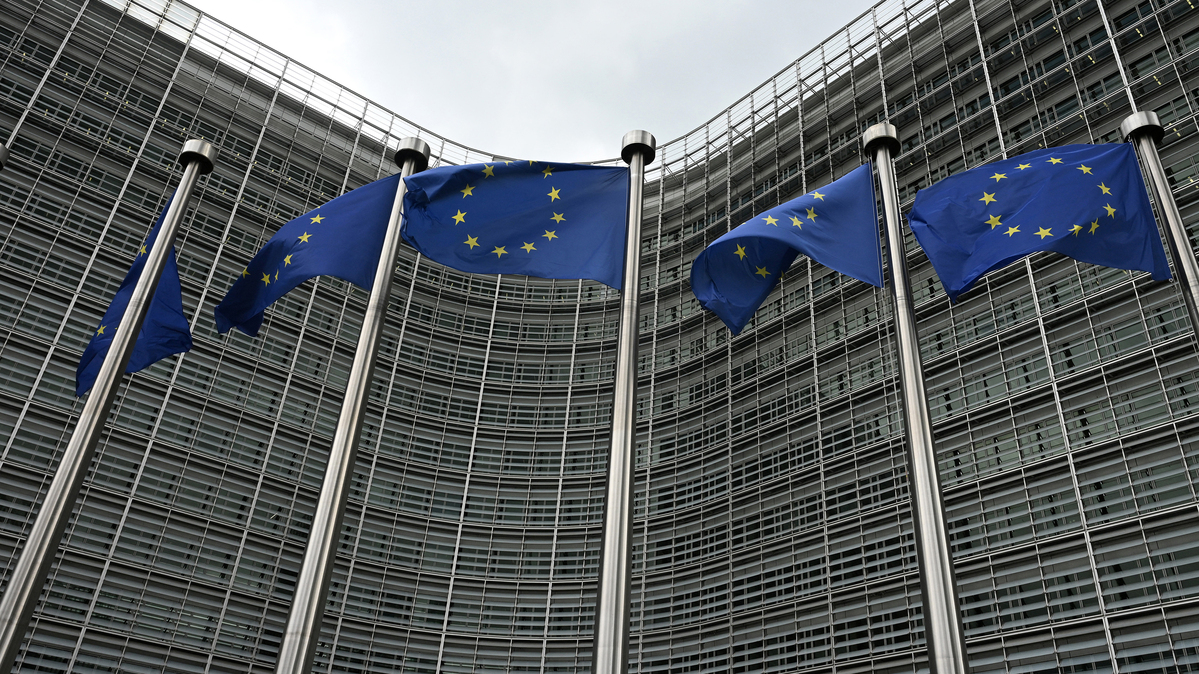 European Union flags fly in front of the Berlaymont building, the EU Commission headquarters, in Brussels on Tuesday, June 9, 2026. (Nicolas Tucat/AFP/Getty Images/TNS)