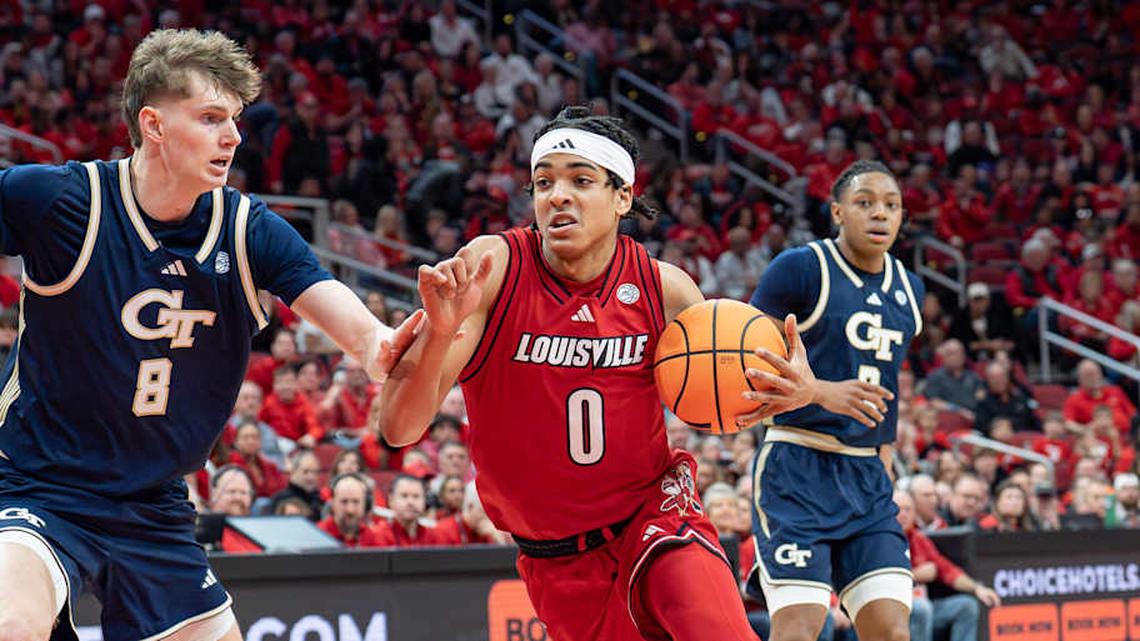  Louisville Cardinals guard Mikel Brown Jr. (0) drives the basket as the Louisville Cardinals host the Georgia Tech Yellow Jackets in an NCAA basketball game at the KFC Yum! Center, Saturday, Feb. 21, 2026, in Louisville. | Jeff Faughender/Courier Journal / USA TODAY NETWORK via Imagn Images 