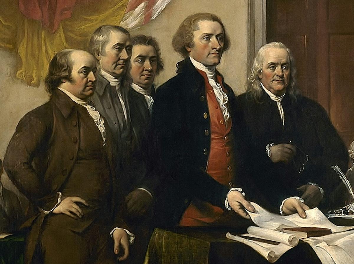  The Committee of Five – left to right: John Adams, Roger Sherman, Robert Livingston, Thomas Jefferson, Benjamin Franklin – presenting their draft of the Declaration of Independence to the Second Continental Congress in Philadelphia. Detail from John Trumbull's 1818 painting in the U.S. Capitol, via Wikipedia 