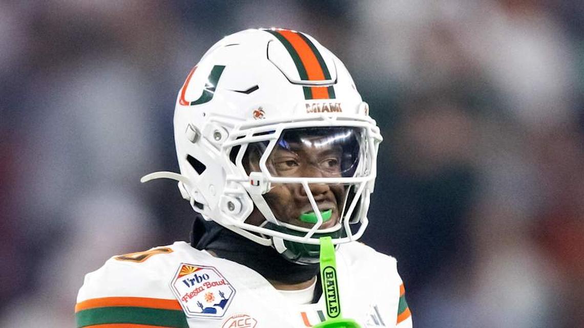  Jan 8, 2026; Glendale, AZ, USA; Miami Hurricanes defensive back Keionte Scott (0) against the Mississippi Rebels during the 2026 Fiesta Bowl and semifinal game of the College Football Playoff at State Farm Stadium. Mandatory Credit: Mark J. Rebilas-Imagn Images | Mark J. Rebilas-Imagn Images 