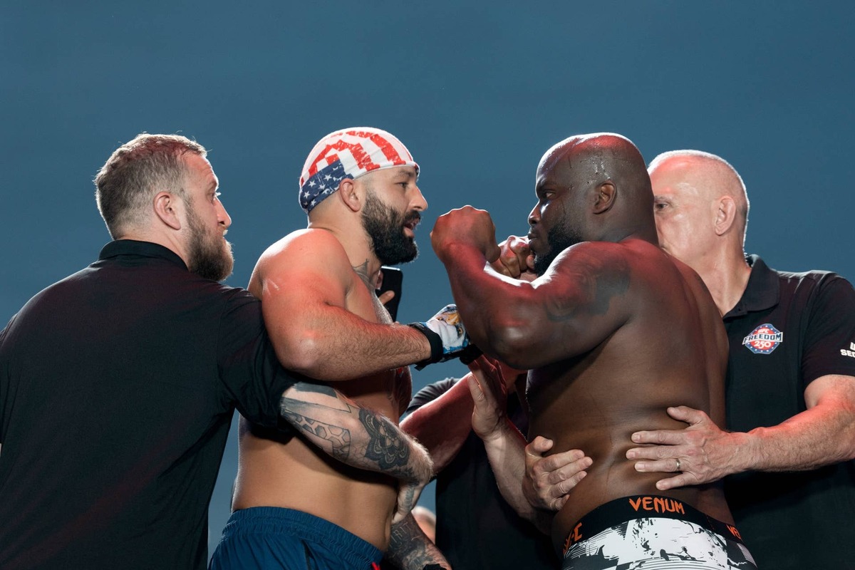  Josh Hokit and Derrick Lewis during the ceremonial weigh-ins for the UFC Freedom 250 fight. Andrew Leyden/Bloomberg via Getty Images