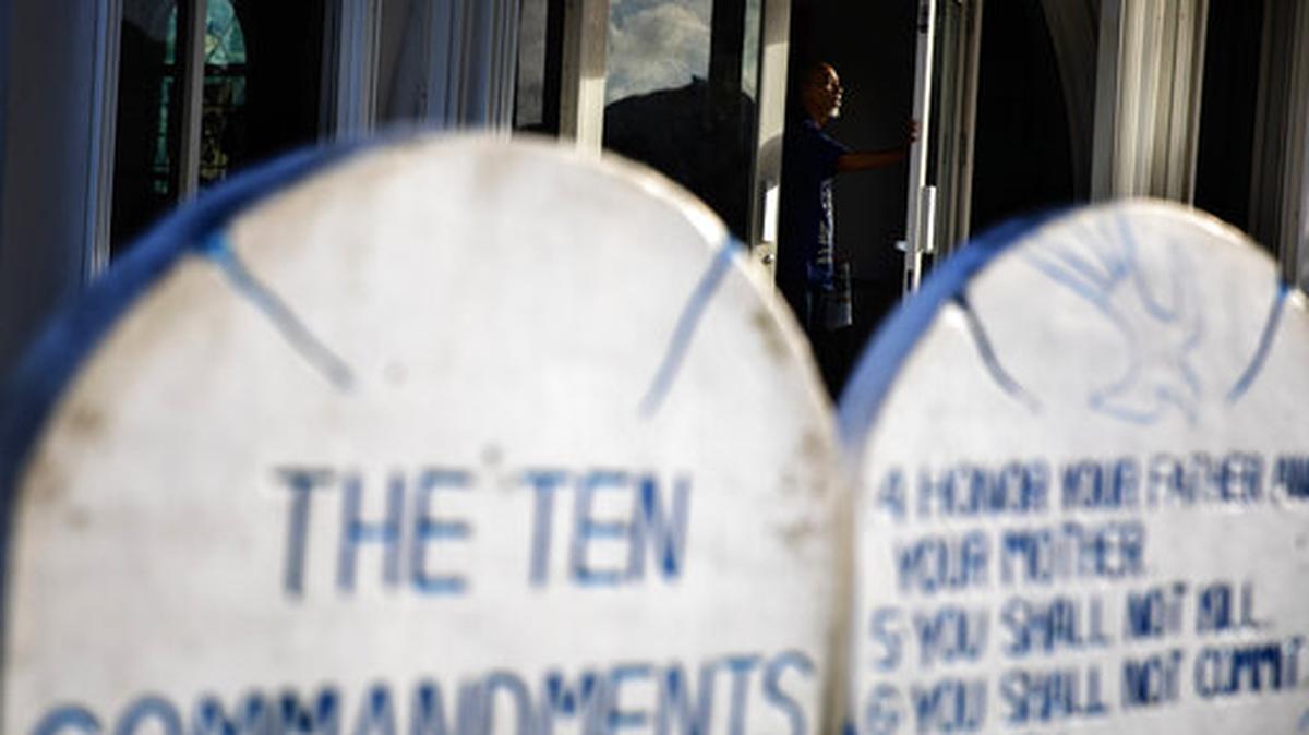Tablets of the Ten Commandments stand outside Immaculate Heart of Mary Catholic Church in 2019 in Toto, Guam. (File photo)