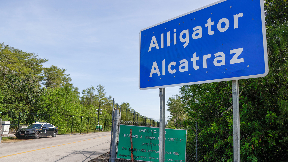 A Florida Highway Patrol trooper’s vehicle is seen outside of the  Alligator Alcatraz, detention facility on July 12, 2025 in Ochopee, Florida. (Luis Santana/Tampa Bay Times/TNS)