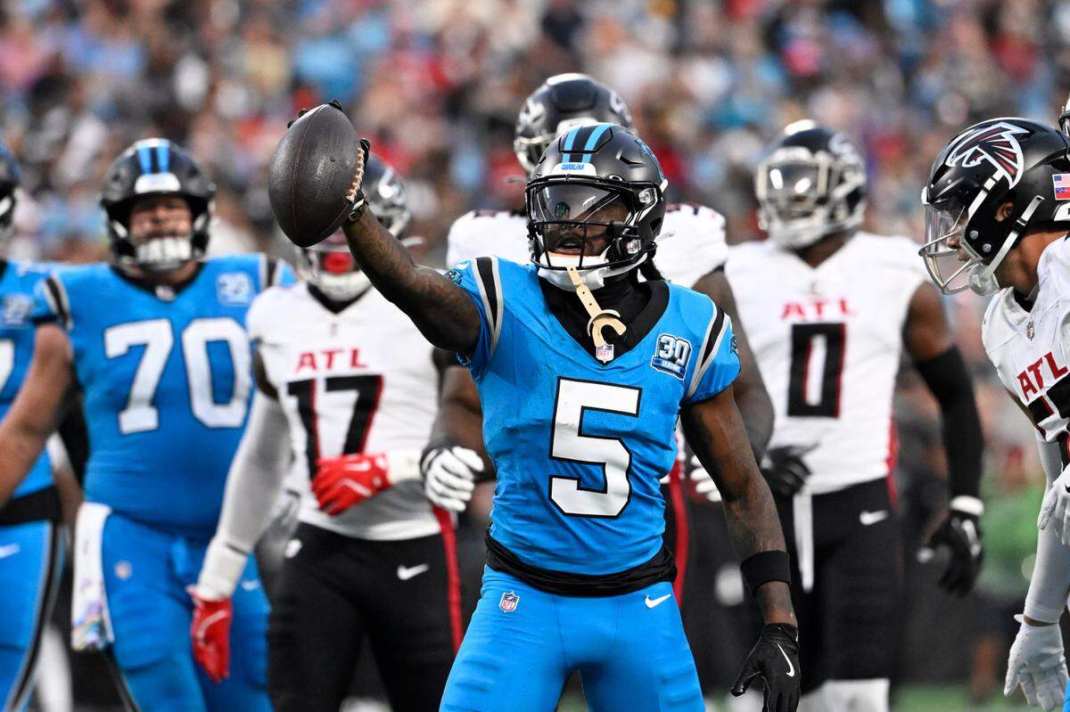 Oct 13, 2024; Charlotte, North Carolina, USA; Carolina Panthers wide receiver Diontae Johnson (5) reacts after making a catch in the second quarter at Bank of America Stadium.