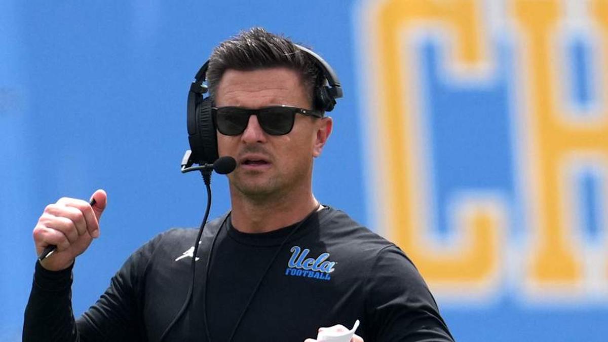  May 2, 2026; Pasadena, CA, USA; UCLA Bruins coach Bob Chesney reacts during the spring game at Rose Bowl. Mandatory Credit: Kirby Lee-Imagn Images | Kirby Lee-Imagn Images 