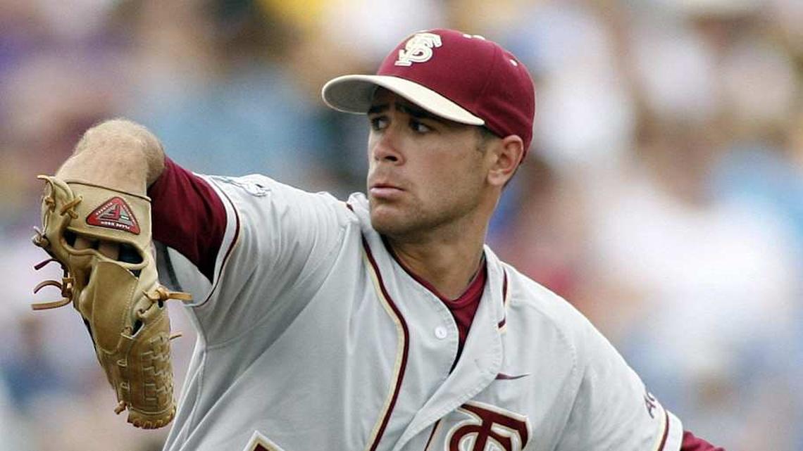  June 19, 2010; Omaha, NE, USA; Florida State Seminoles pitcher Sean Gilmartin (3) pitches against the TCU Horned Frogs in the first inning during game 1 of the 2010 College World Series championships at Rosenblatt Stadium. Mandatory Credit: Crystal LoGiudice-Imagn Images | Crystal LoGiudice-Imagn Images 