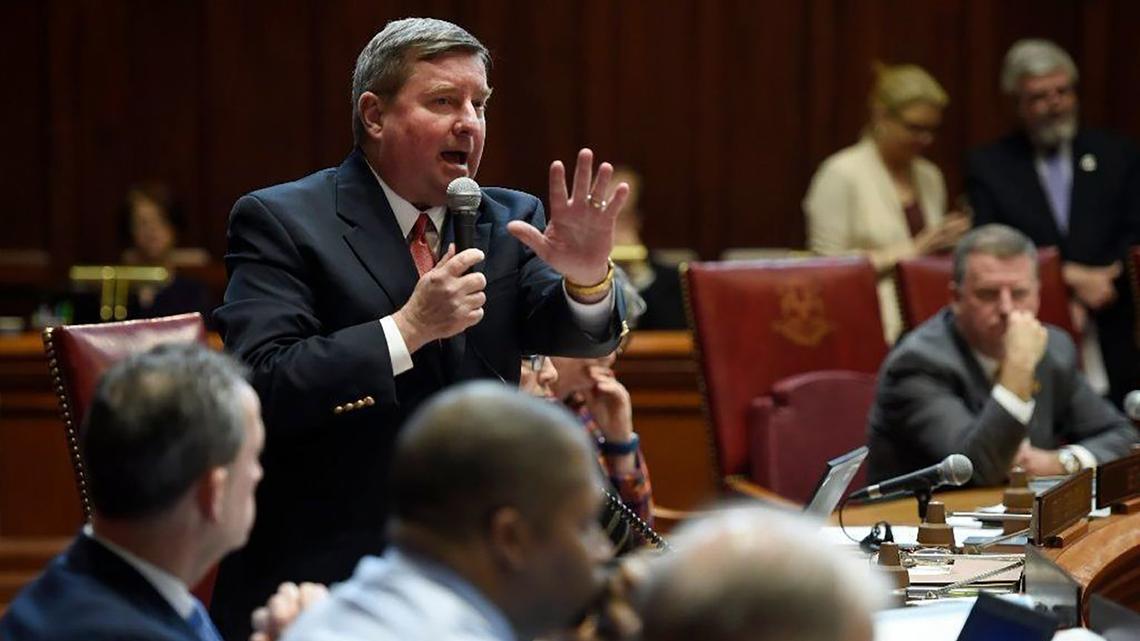 Connecticut state Sen. John A. Kissel, an Enfield Republican, speaks on the Senate floor in Hartford. Kissel is one of several representatives who oppose the bill that would create a new state civil rights law that would allow Connecticut citizens to sue federal immigration agents. (John Woike/Hartford Courant/TNS)