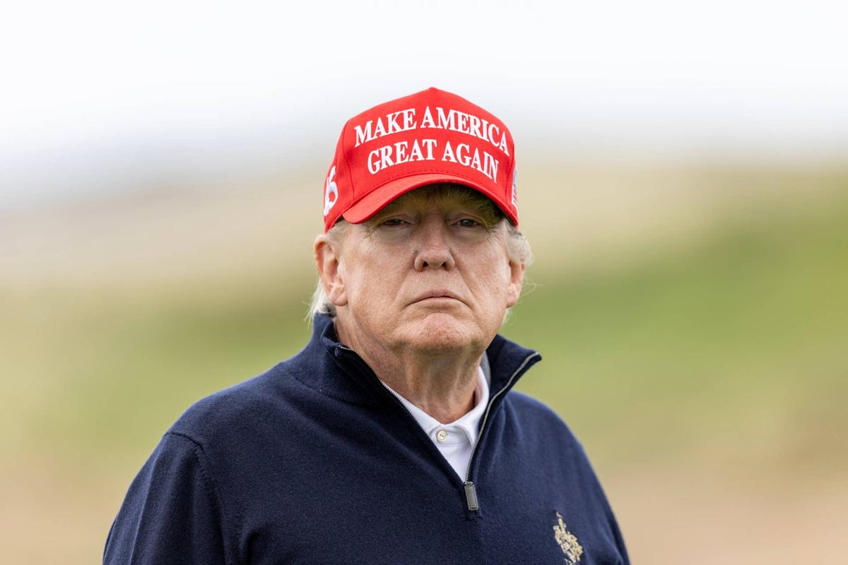  TURNBERRY, SCOTLAND - MAY 02: Former U.S. President Donald Trump during a round of golf at his Turnberry course on May 2, 2023 in Turnberry, Scotland. Former U.S. President Donald Trump is visiting his golf courses in Scotland and Ireland. Back in the United States, he faces legal action on 34 counts of falsifying business records. (Photo by Robert Perry/Getty Images) 