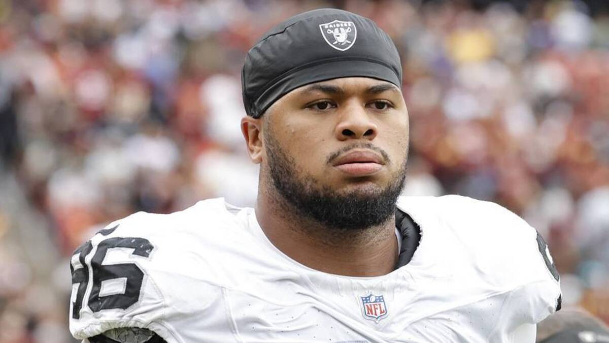  Sep 21, 2025; Landover, Maryland, USA; Las Vegas Raiders defensive tackle Jonah Laulu (96) prior to the game against the Washington Commanders at Northwest Stadium. Mandatory Credit: Amber Searls-Imagn Images | Amber Searls-Imagn Images 