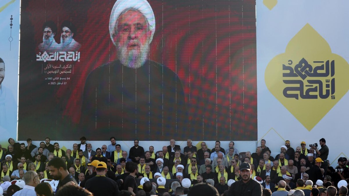 Hezbollah leader Sheikh Naim Qassem delivers a televised speech during a gathering in Beirut, Lebanon, on Sept. 27, 2025. Analysts say southern Lebanon could remain a battlefield and a bargaining chip in regional negotiations despite a preliminary agreement between the United States and Iran. Photo by Wael Hamzeh/EPA