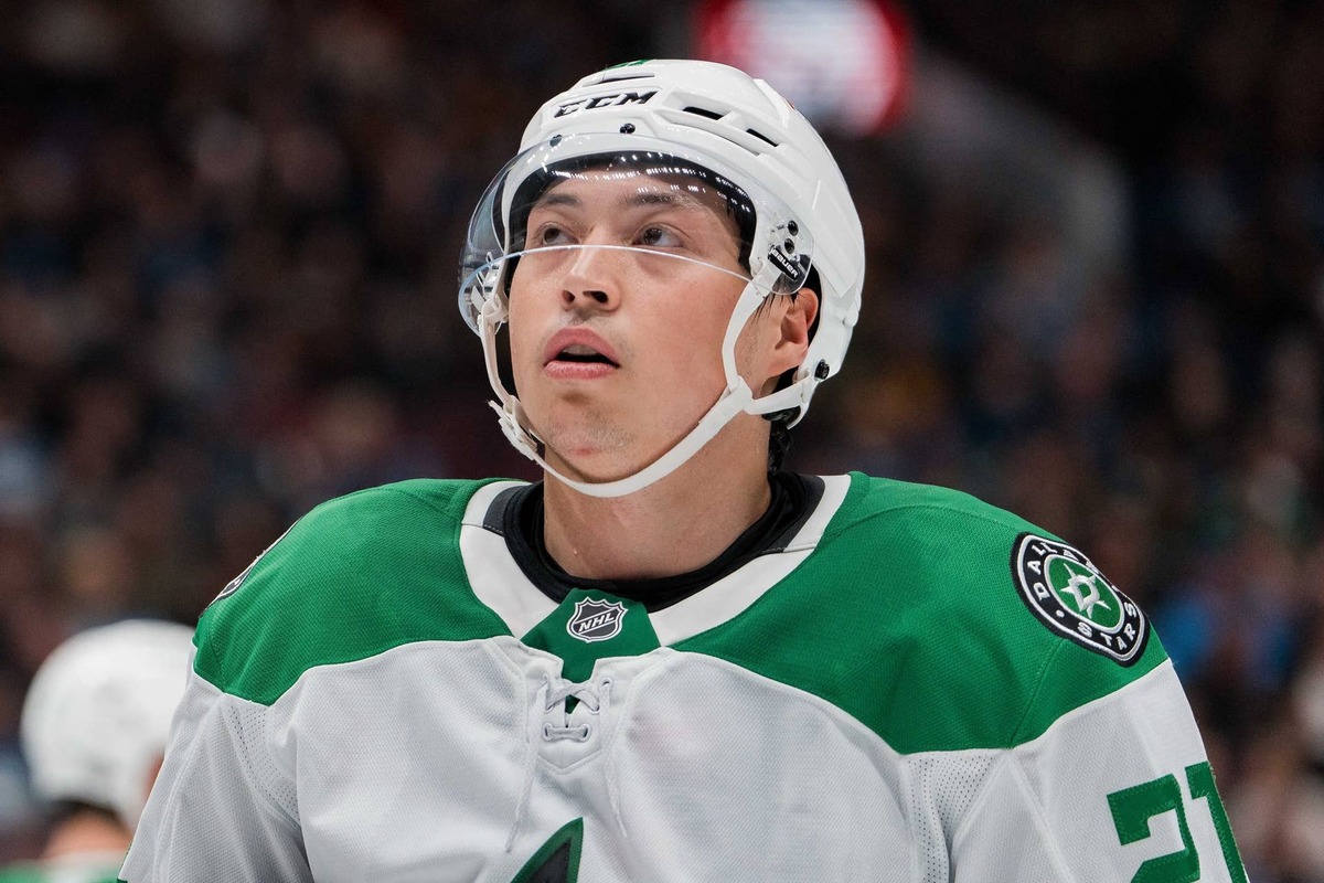  Dallas Stars forward Jason Robertson (21) during a stop in play. Bob Frid-Imagn Images