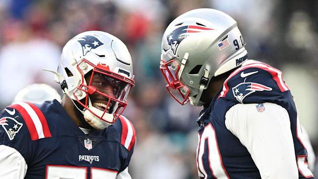  Jan 1, 2023; Foxborough, Massachusetts, USA; New England Patriots linebacker Josh Uche (55) reacts with defensive tackle Christian Barmore (90) after a sack against the Miami Dolphins during the second half at Gillette Stadium. Mandatory Credit: Brian Fluharty-Imagn Images | Brian Fluharty-Imagn Images 