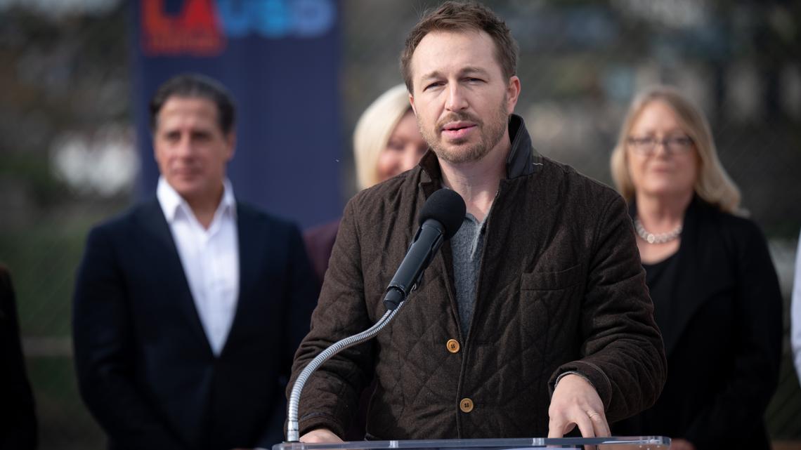 Nick Melvoin, LAUSD school board member,  speaks at Marquez elementary school in Pacific Palisades on Tuesday, January 6, 2026.  The LAUSD held a press conference to update the progress on school campuses damaged by the Palisades fire.  (Photo by David Crane, Los Angeles Daily News/SCNG)
