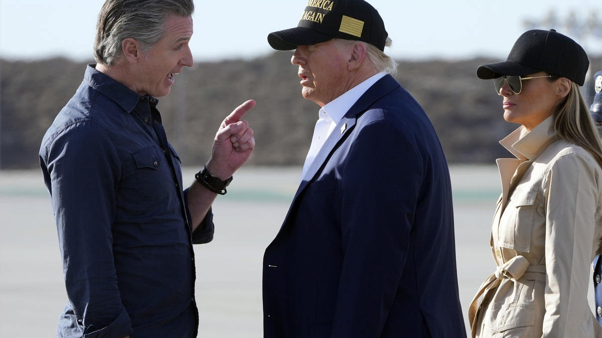 Donald Trump, Melania Trump. FILE - President Donald Trump and first lady Melania Trump listen to California Gov. Gavin Newsom after arriving on Air Force One at Los Angeles International Airport in Los Angeles, Jan. 24, 2025. (AP Photo/Mark Schiefelbein, File)