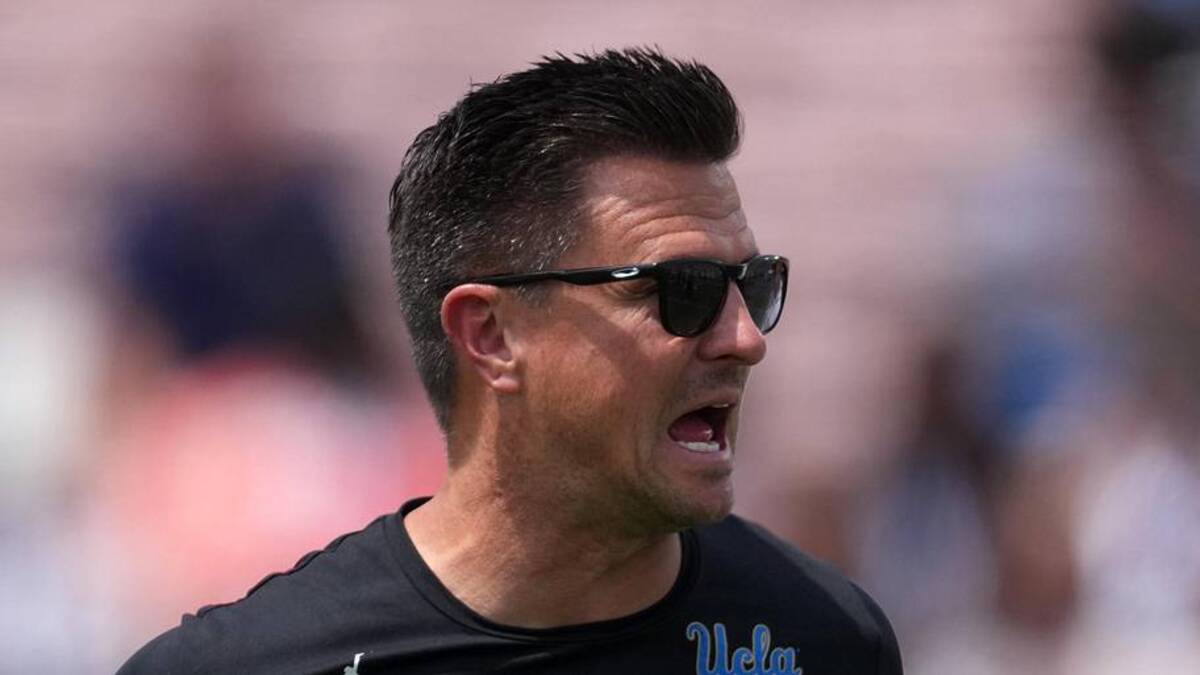  May 2, 2026; Pasadena, CA, USA; UCLA Bruins coach Bob Chesney reacts during the spring game at Rose Bowl. Mandatory Credit: Kirby Lee-Imagn Images | Kirby Lee-Imagn Images 