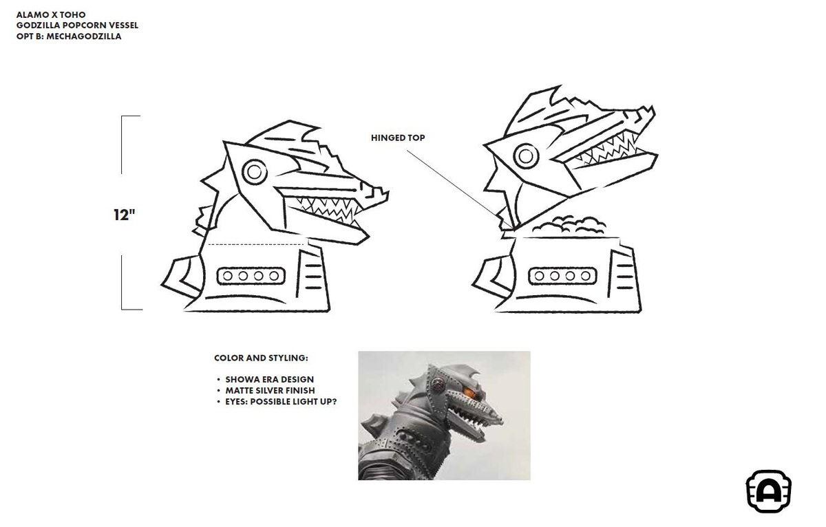 Sketches of Alamo Drafthouse Cinema's Mechagodzilla popcorn bucket, which releases in October 2026, priced at $65.
